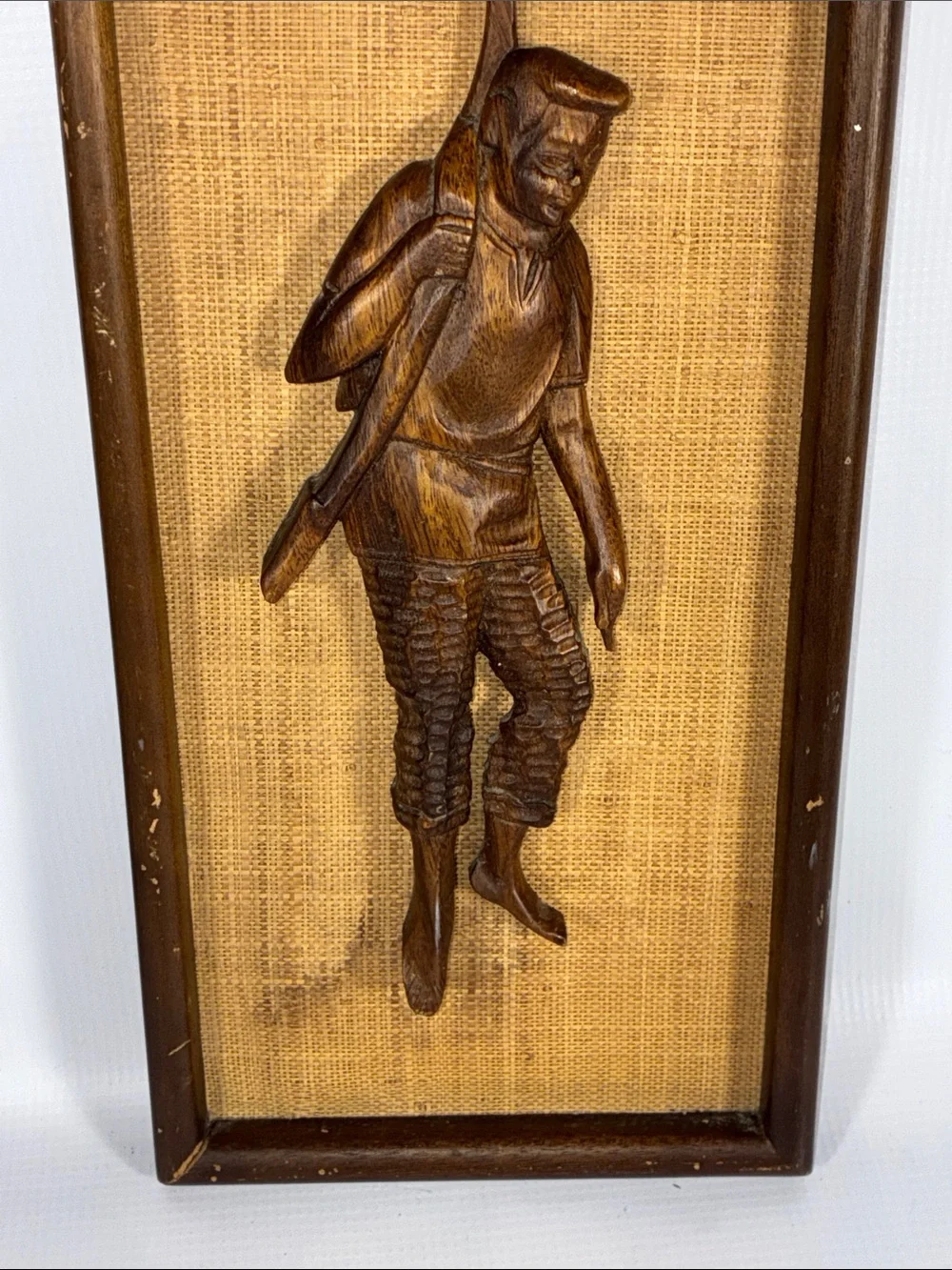 Mid Century Modern Hand Carved Wood & Burlap Wall Decor Set of 2 Vintage 1960s